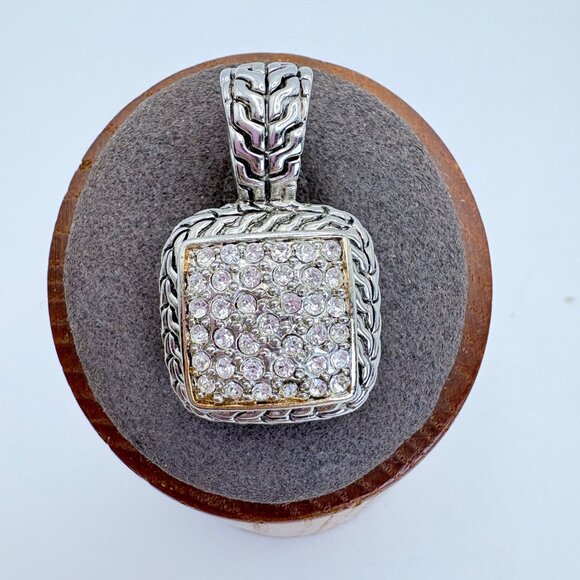 Silver Plated Cubic Zirconia Pavé Set Etched Design Border Pendant Size 1.25" - Picture 1 of 11